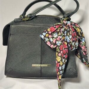 Like New Condition - Nine West Black Satchel with Floral Scarf Accent